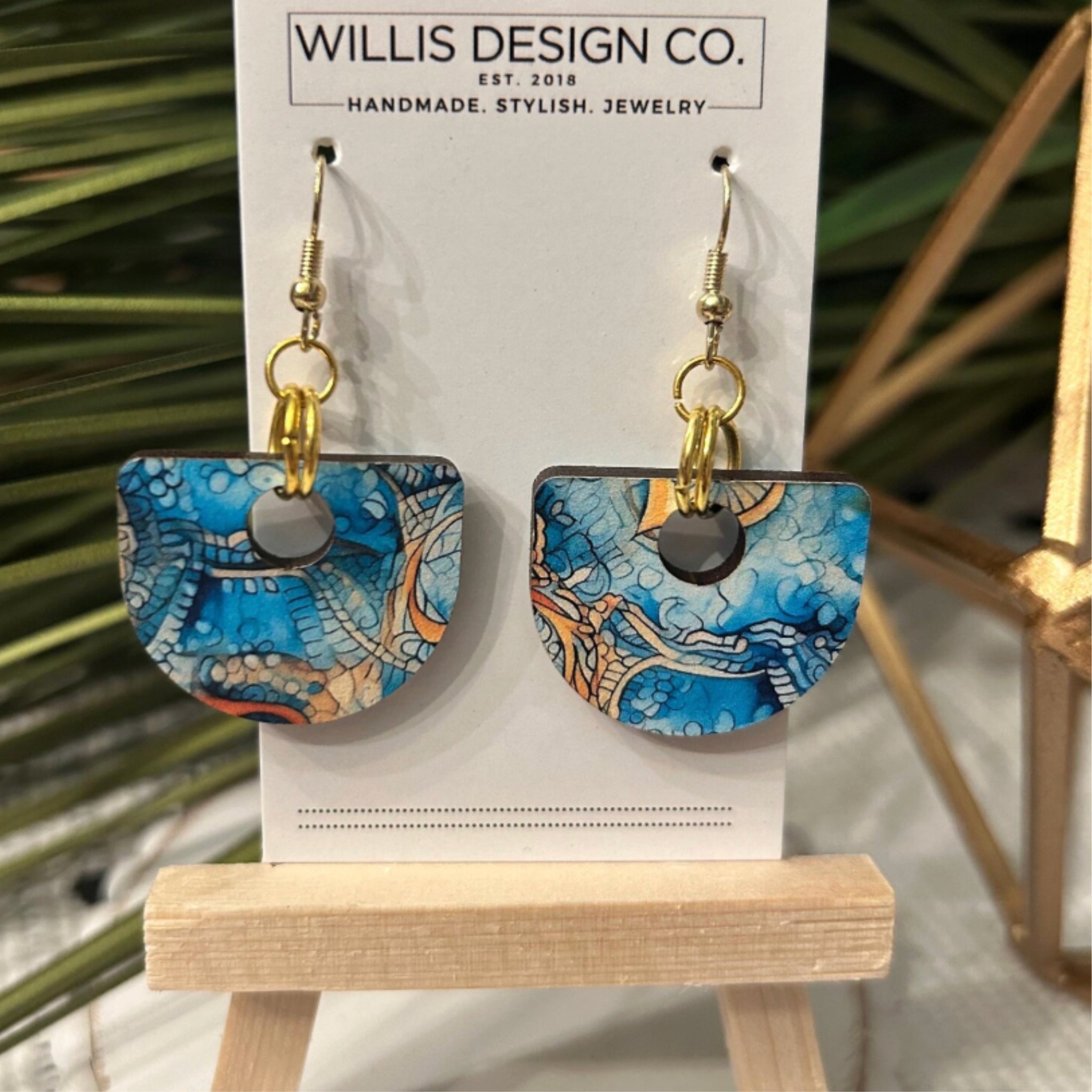 Shades of the Ocean Wooden Earrings with Gold Accent