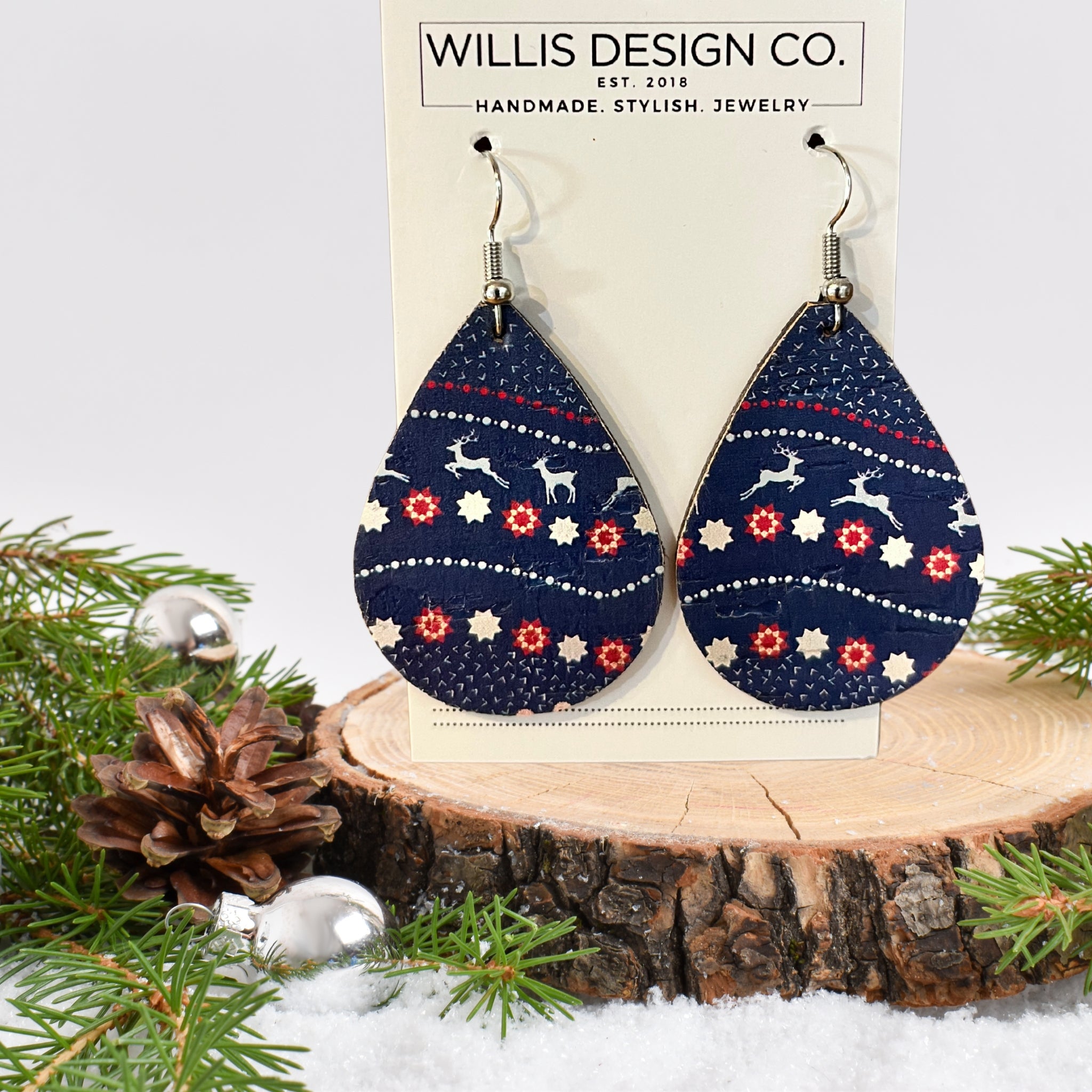 Reindeer Holiday Leather Teardrop Earrings