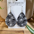 Navy and White Flowered Leather Teardrop Earrings
