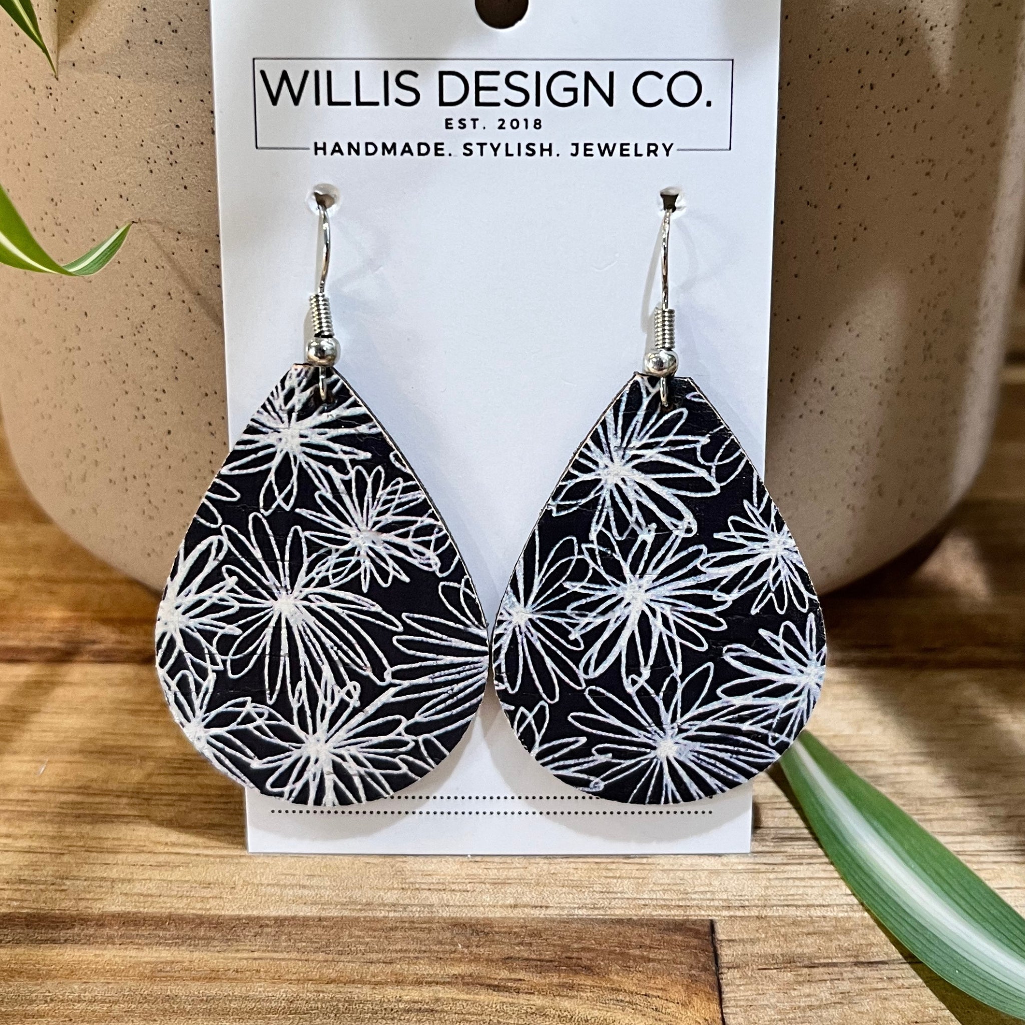 Navy and White Flowered Leather Teardrop Earrings