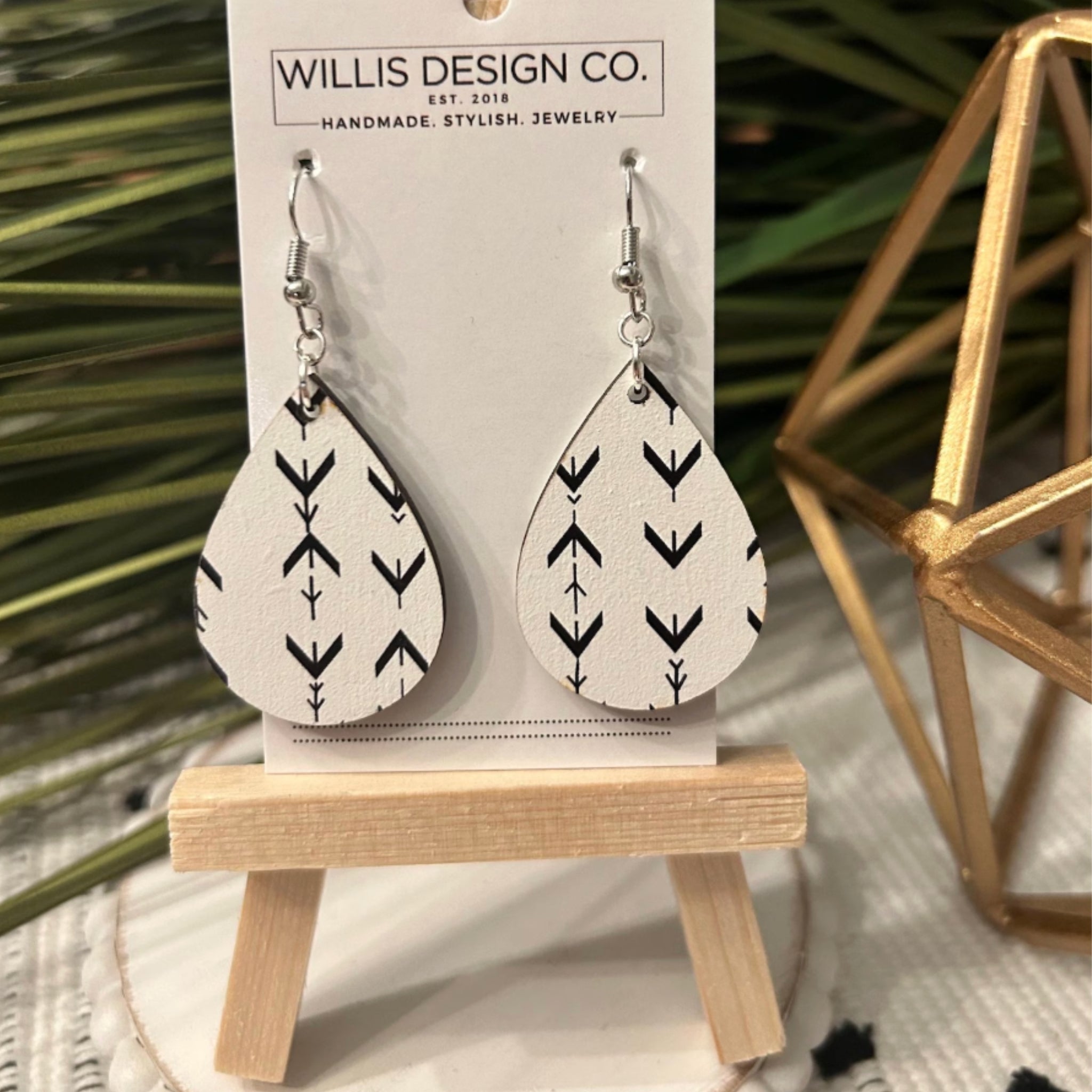 Black and White Wooden Arrow Teardrop Earrings