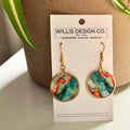 Coral and Teal Acrylic Gold Circle Earrings