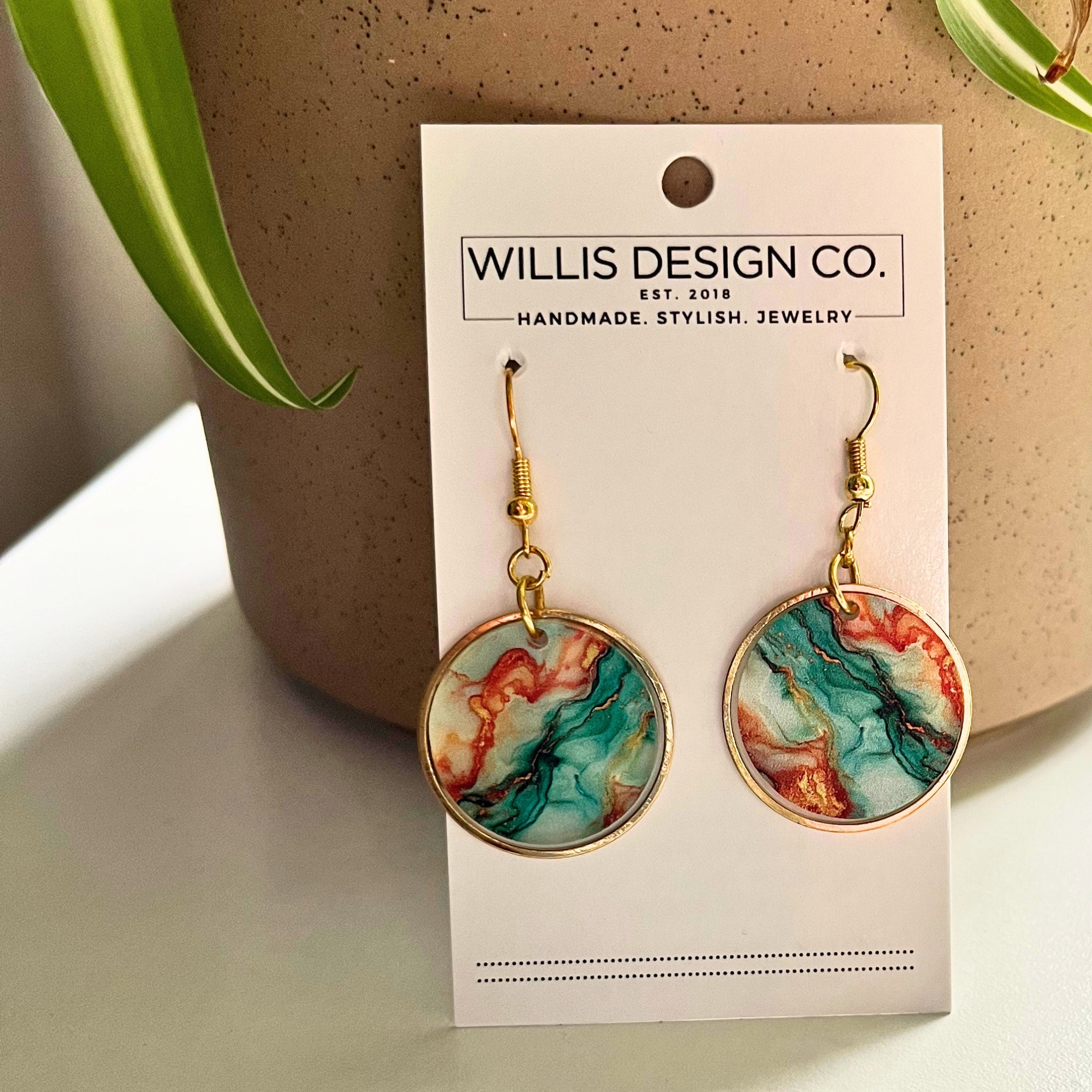 Coral and Teal Acrylic Gold Circle Earrings