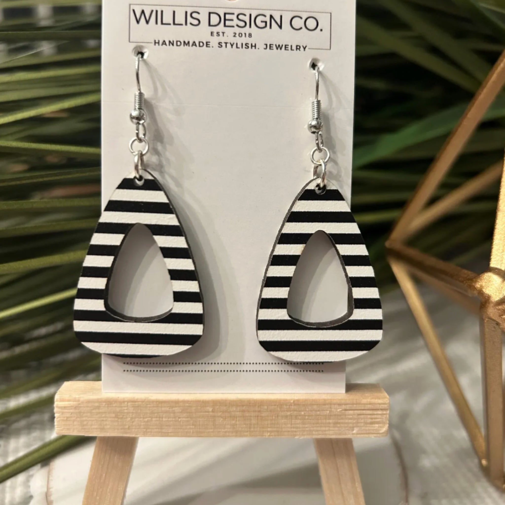 Black and White Striped Wooden Cut-Out Earrings